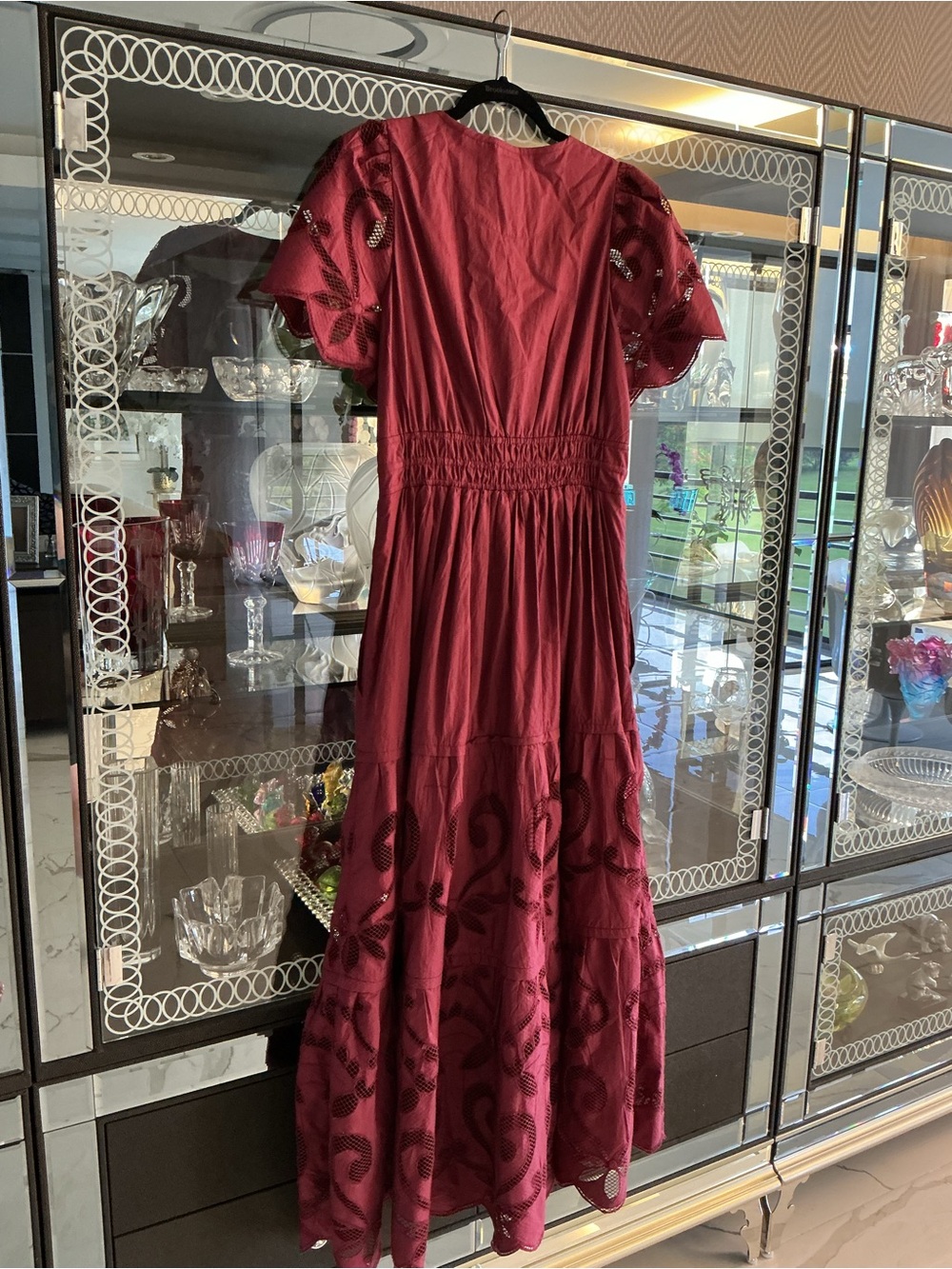 Anthropologie Wine Eyelet Tiered Maxi Dress